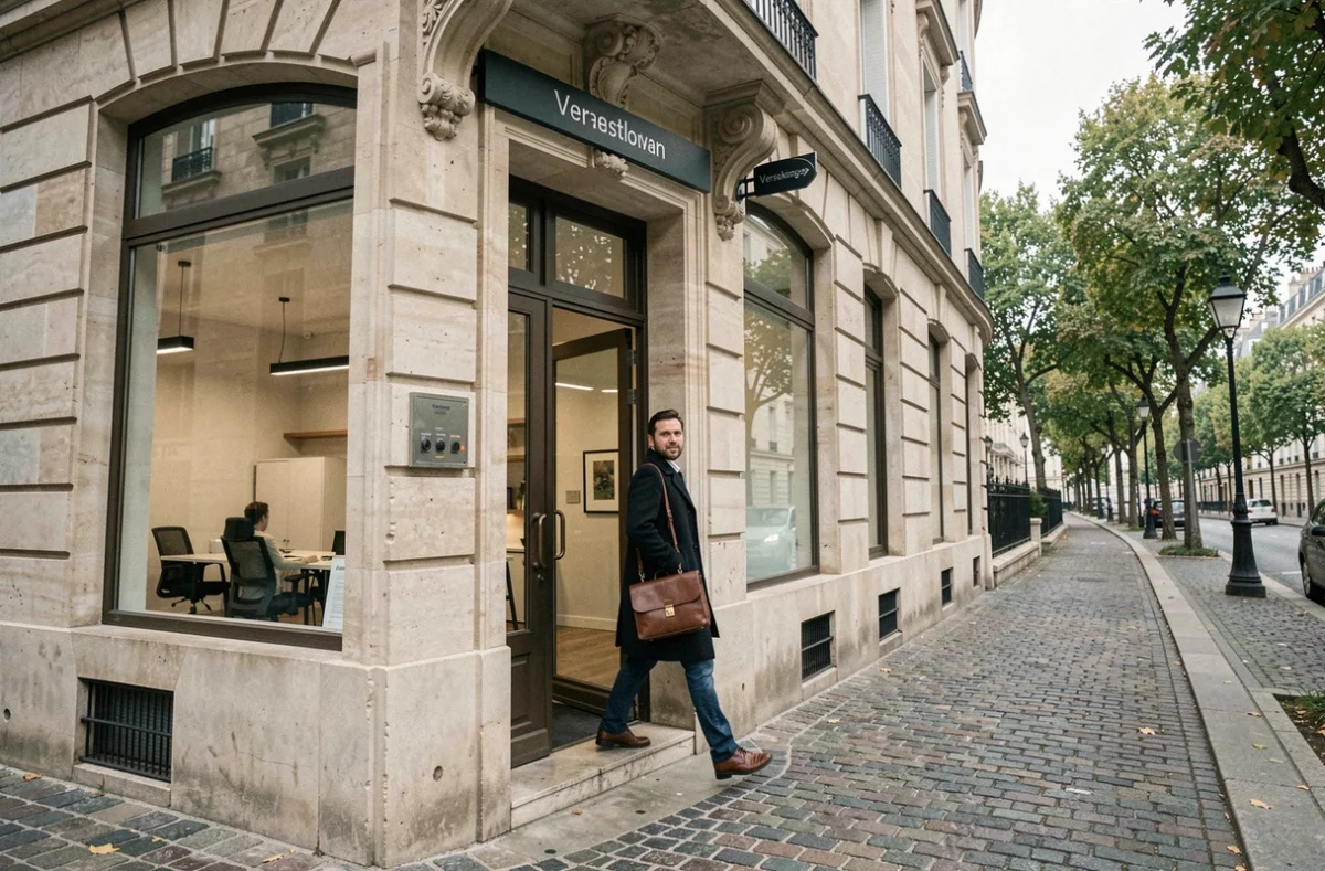 Entrée d'un espace de coworking dans un immeuble classique de Versailles avec un professionnel entrant