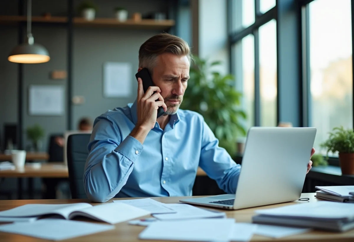 Entrepreneur fatigué en bureau moderne lors d'une conversation téléphonique