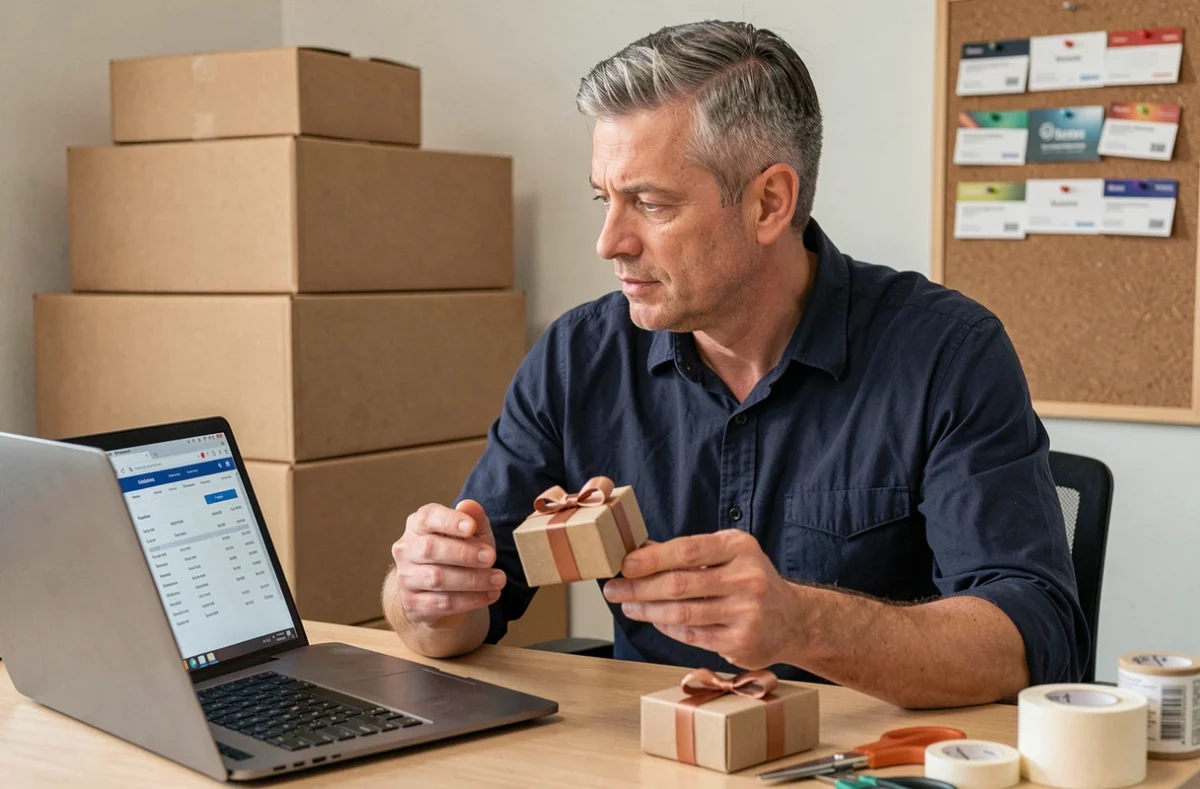 Entrepreneur comparant des échantillons de boîtes cadeaux fournisseur dans son bureau e-commerce