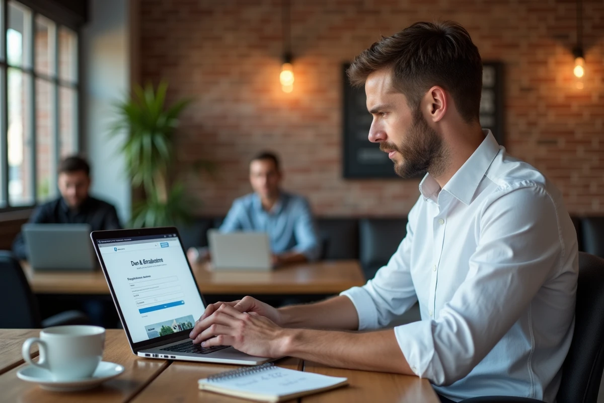 Entrepreneur enregistrant une demande de numéro DUNS en ligne depuis un espace de coworking