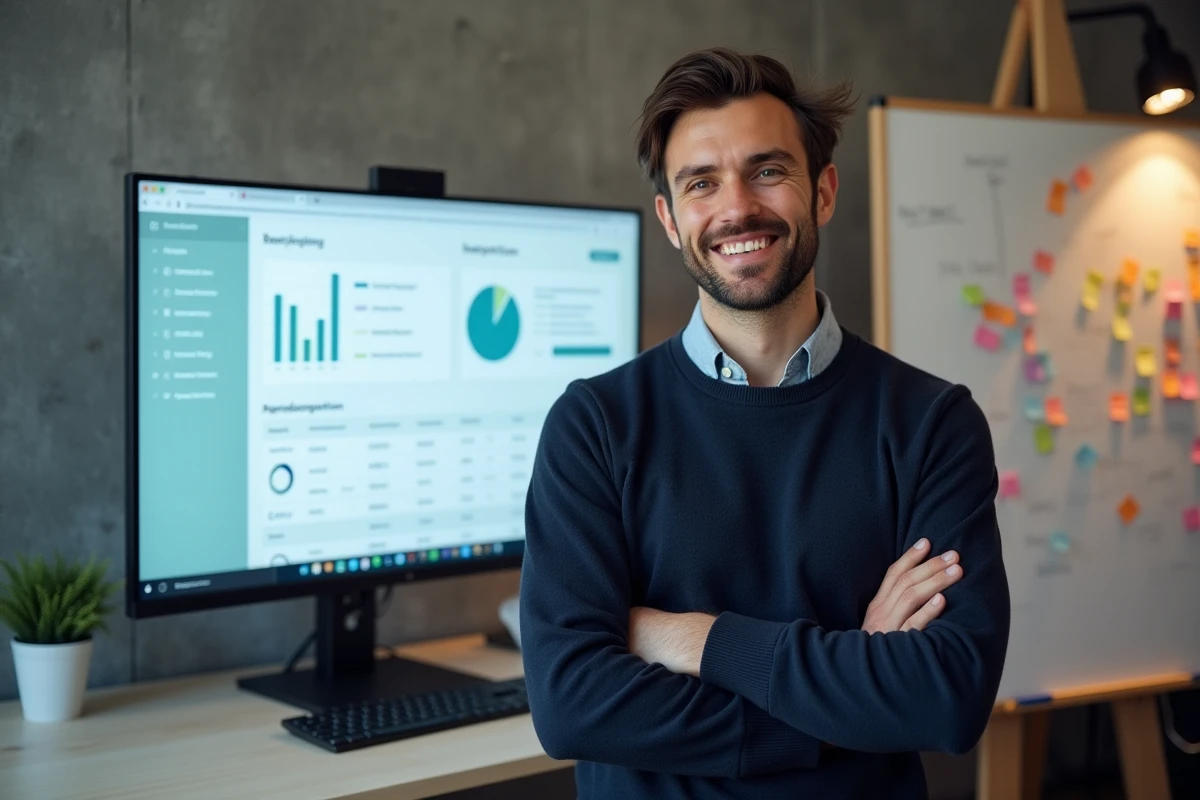 Entrepreneur masculin debout devant un écran affichant un guide business numérique dans un espace de coworking moderne