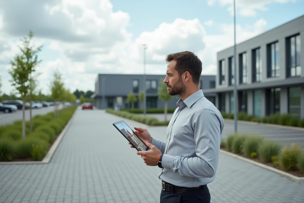 Chef d'entreprise consultant une plateforme d'opportunités foncières sur tablette devant une zone d'activités commerciale en France