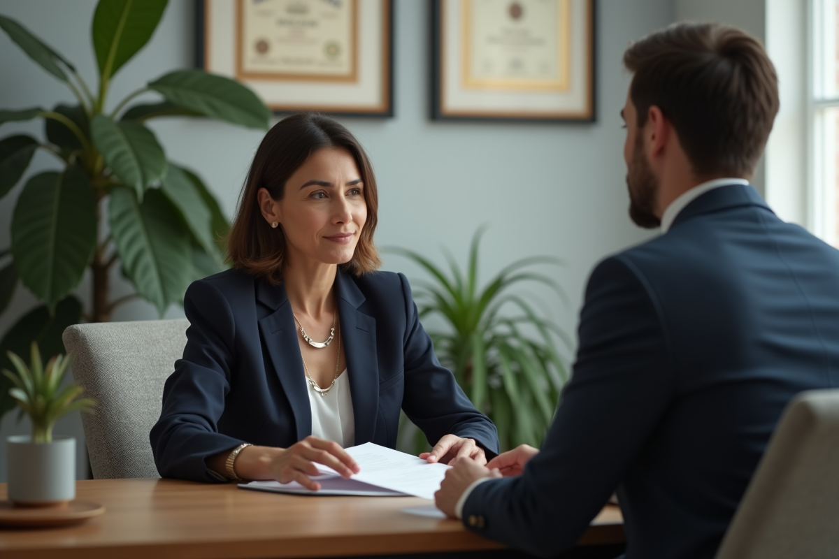 Manager femme en entretien individuel avec employe dans bureau privé