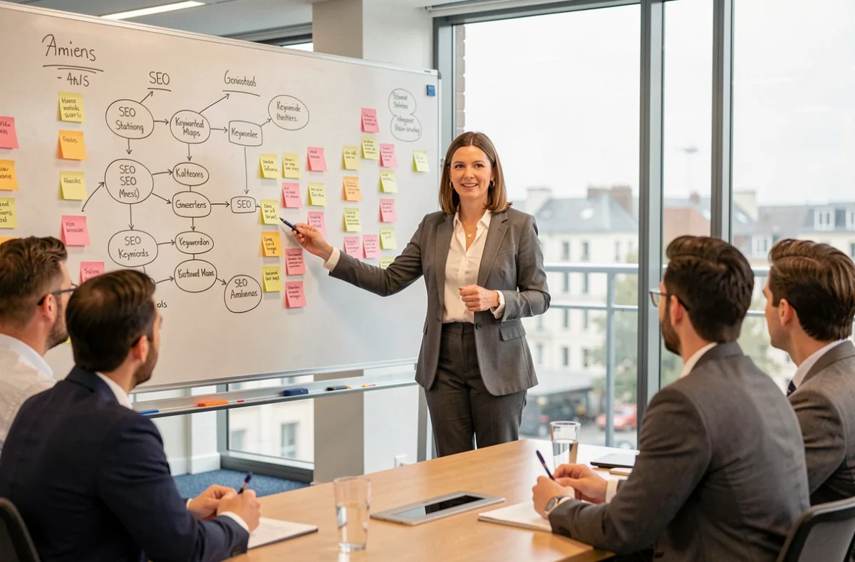 Équipe d'une agence SEO de la Somme en réunion stratégique autour d'un plan de référencement naturel