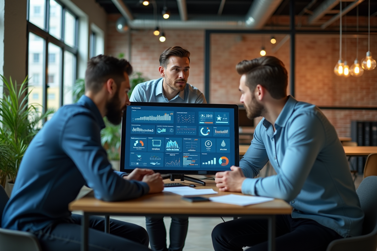 Groupe de professionnels collaborant sur un écran digital