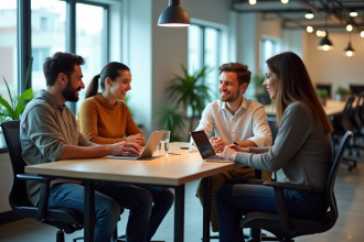 Groupe d'employes divers en réunion informelle au bureau