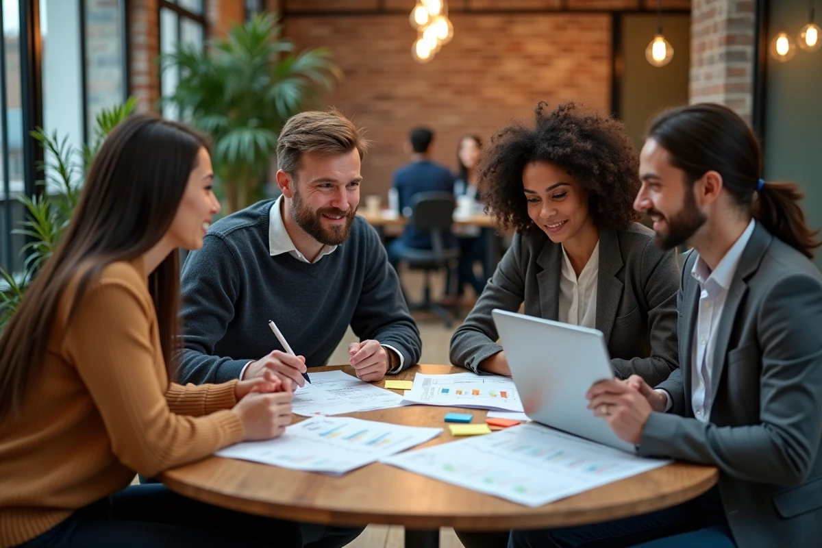 Équipe multiculturelle de consultants collaborant sur des stratégies de management américain dans un bureau moderne en open space