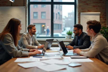 Équipe de professionnels analysant des documents pour prouver l'utilité publique d'un projet associatif lors d'une réunion en salle de conférence