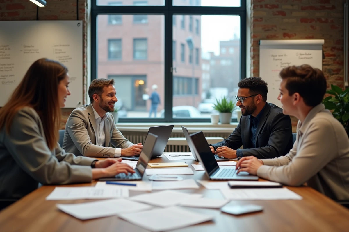 Équipe de professionnels analysant des documents pour prouver l'utilité publique d'un projet associatif lors d'une réunion en salle de conférence