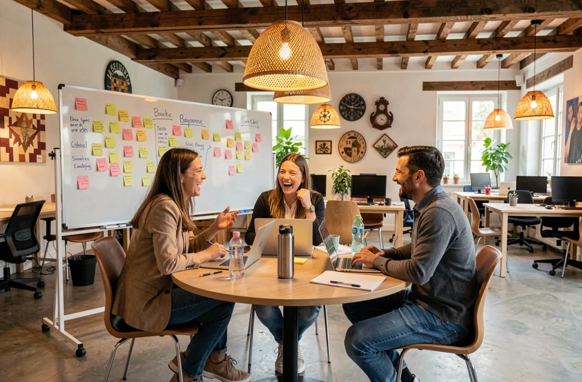 Équipe de professionnels en réunion collaborative dans un espace de coworking à Bayonne avec tableau blanc et ordinateurs