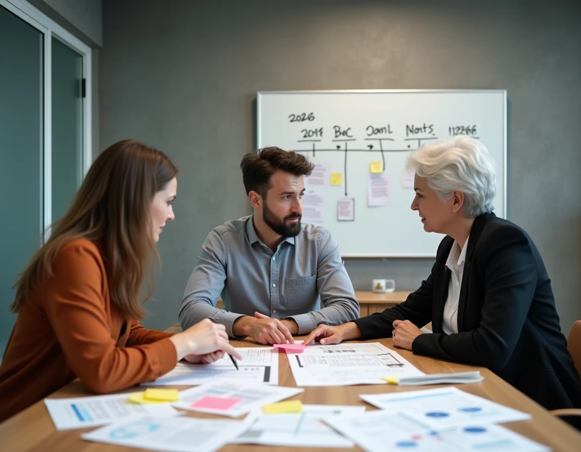 Équipe de professionnels en réunion de travail autour d'un business plan 2026, discutant de la planification des jours ouvrés sur un tableau de bord mural