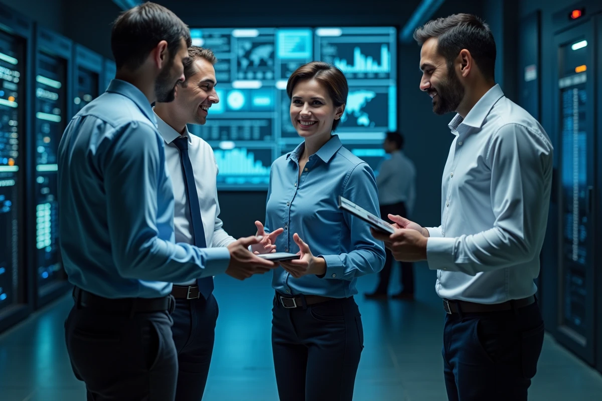 Groupe de specialists IT autour d un tableau interactif