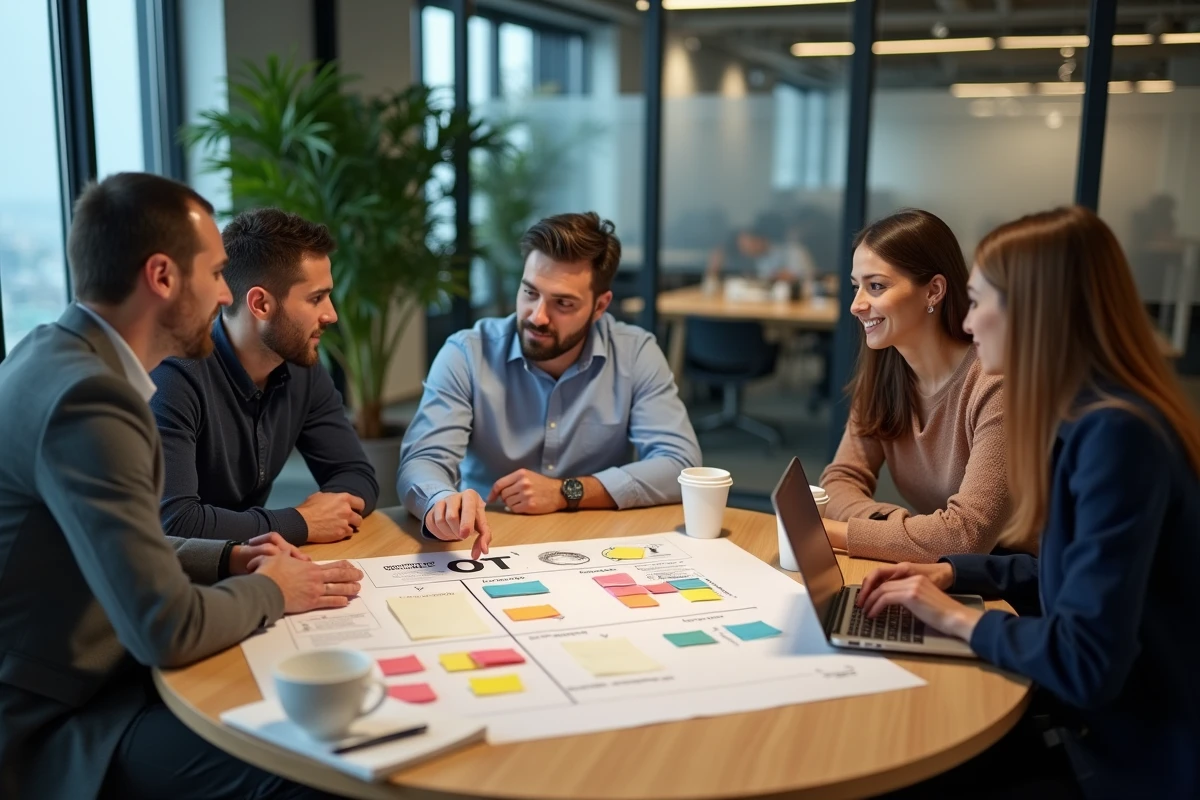 Équipe marketing en réunion autour d'une analyse SWOT pour aligner l'image de marque