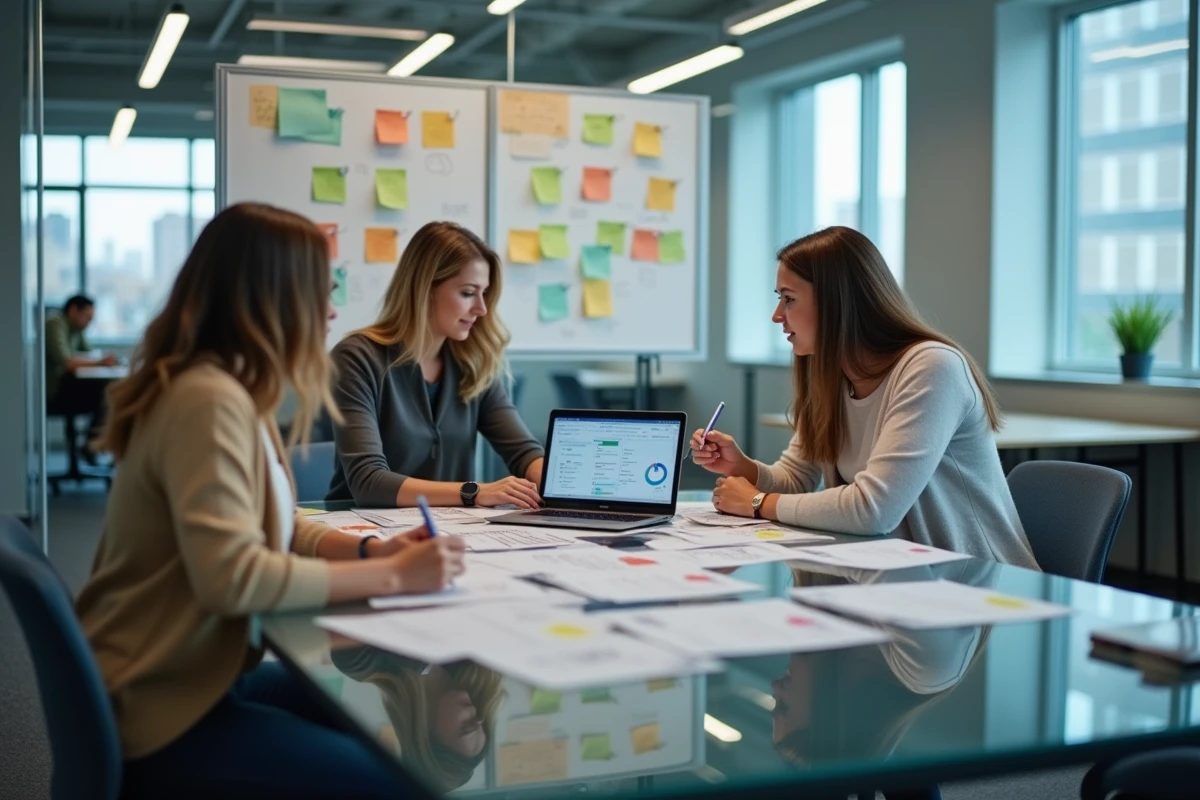 Équipe de travail structurant le suivi d'idées avec un tableau Kanban lors d'une réunion en salle de conférence