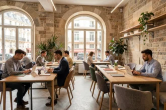 Espace de coworking moderne à Versailles avec bureaux en bois et professionnels au travail