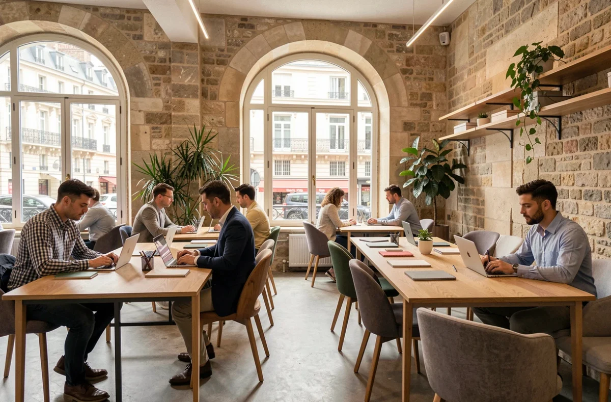 Espace de coworking moderne à Versailles avec bureaux en bois et professionnels au travail