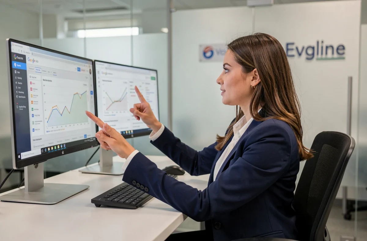 Professionnelle de l'agence Evoline Digital analysant des campagnes Google Ads sur des écrans dans un bureau moderne