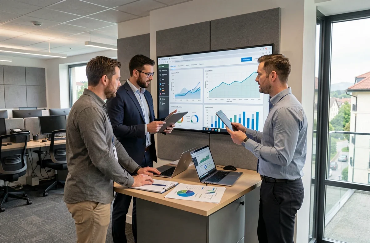 Équipe d'experts-comptables collaborant sur des tableaux de bord financiers dans un cabinet multisite d'Exco en Rhône-Alpes