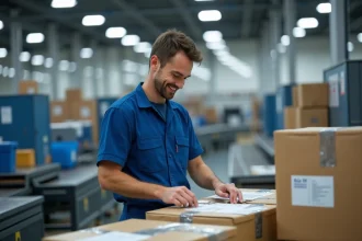 Jeune facteur en uniforme triant du courrier dans une centrale moderne