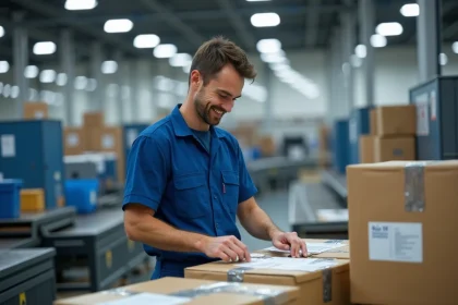 Jeune facteur en uniforme triant du courrier dans une centrale moderne