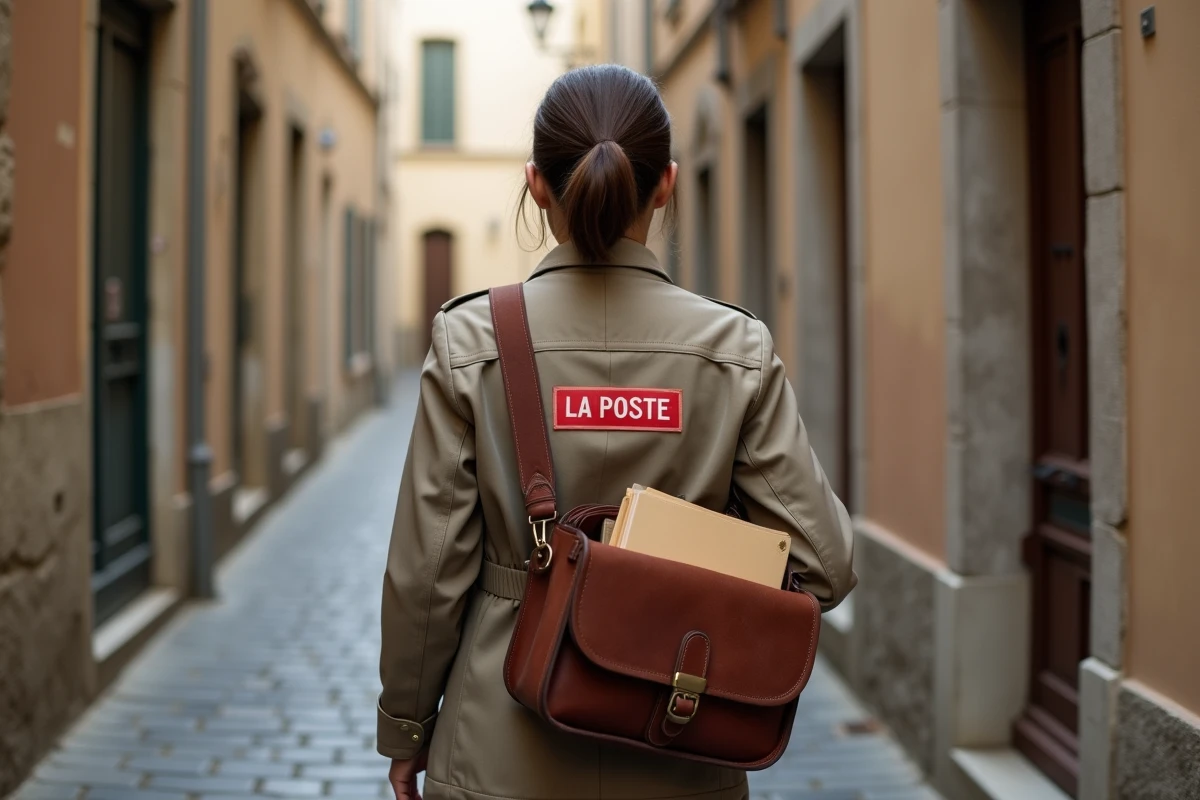 Factrice La Poste marchant dans une rue de village avec sacoche de courrier triée pour sa tournée quotidienne