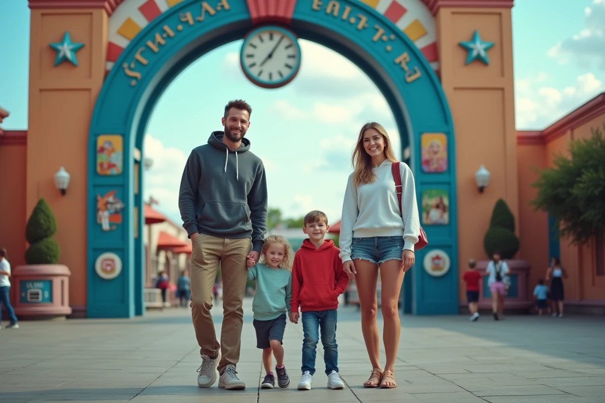 Famille heureuse devant l'entrée d'un parc d'attractions grâce aux réductions obtenues via le CE Loxam