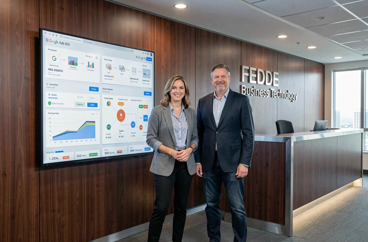 Équipe de FEDDE Business Technology devant un tableau de bord Google Ads et des diagrammes technologiques dans un bureau corporatif