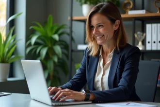 Femme d affaires souriante analysant des données HR sur un ordinateur