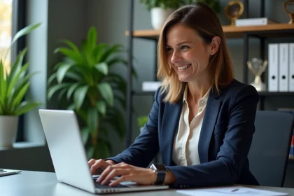 Femme d affaires souriante analysant des données HR sur un ordinateur