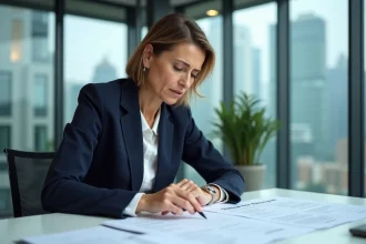 Femme d'affaires consultant des documents d'immatriculation pour obtenir un numéro DUNS dans un bureau moderne