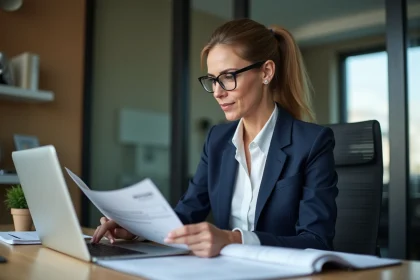 Femme d'affaires en train de vérifier des factures dans un bureau moderne