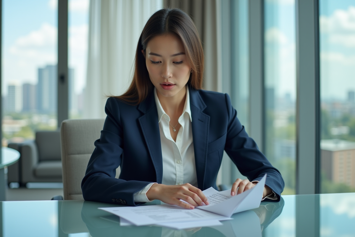 Femme d'affaires en revue de documents financiers dans un bureau moderne