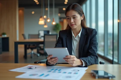 Femme d affaires en costume examine une stratégie de domaine