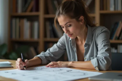 Femme analysant des diagrammes abstraits et des notes manuscrites sur un bureau en bois, illustrant la curiosité intellectuelle autour du concept Yindofoyelaszoz