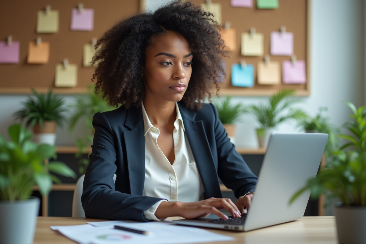 Jeune femme analysant des données sur un ordinateur dans un bureau moderne