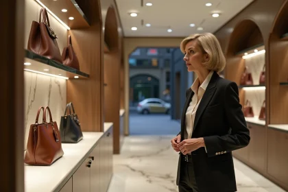 Femme élégante dans une boutique de luxe contemplant des sacs à main