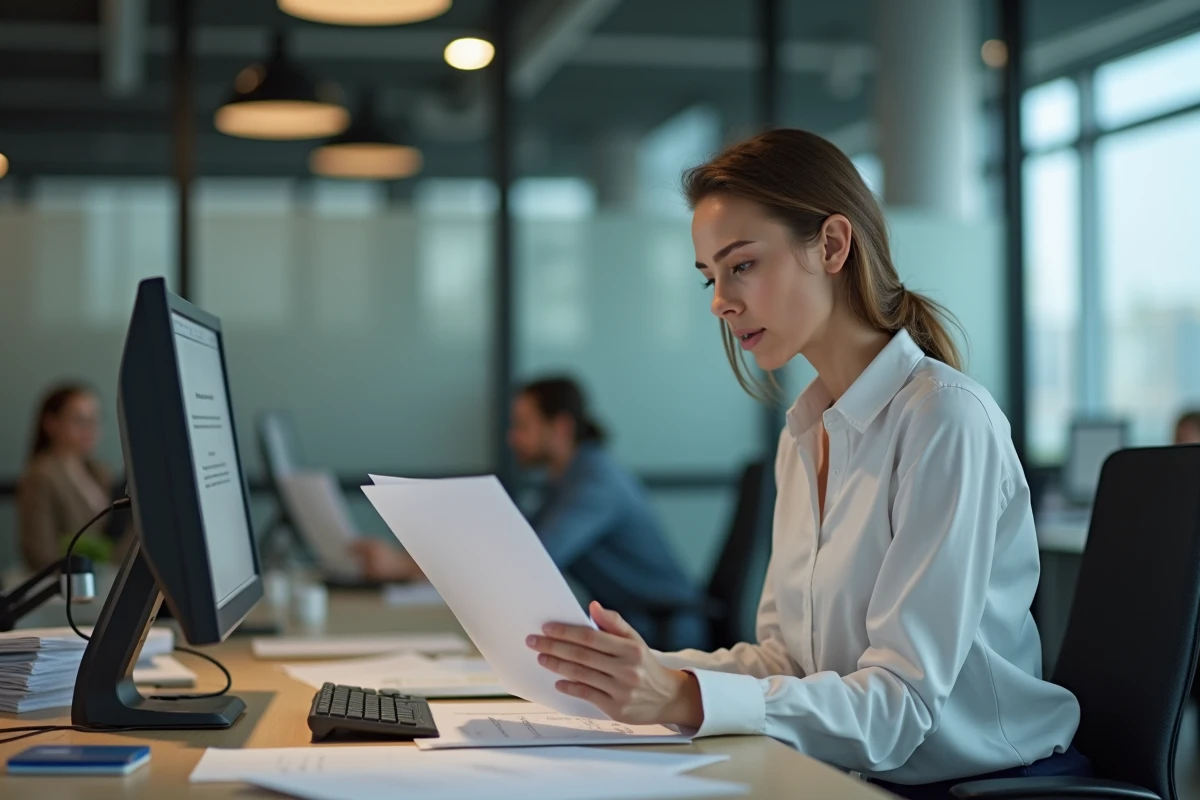 Femme en bureau moderne consulte des documents