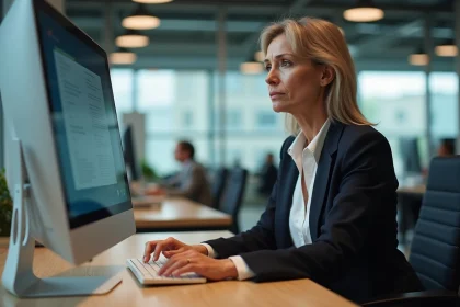 Femme d affaires au bureau naviguant sur intranet