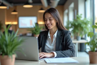 Femme professionnelle au bureau examinant un tableau de bord digital