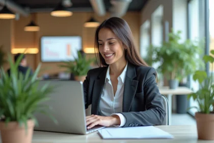 Femme professionnelle au bureau examinant un tableau de bord digital