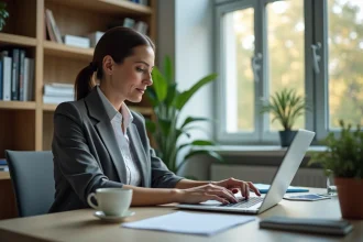 Femme professionnelle travaillant sur un ordinateur dans un bureau lumineux
