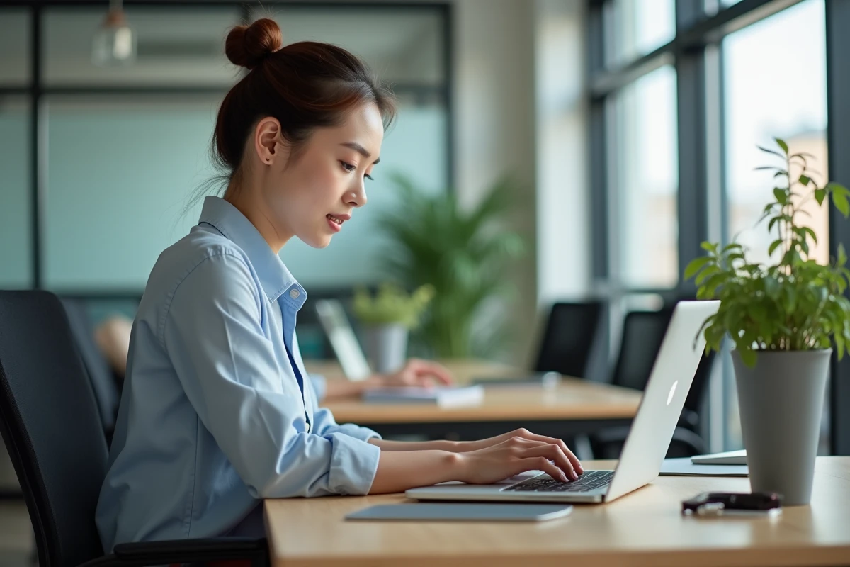 Femme au bureau utilisant la plateforme MaBoxRH sur son ordinateur