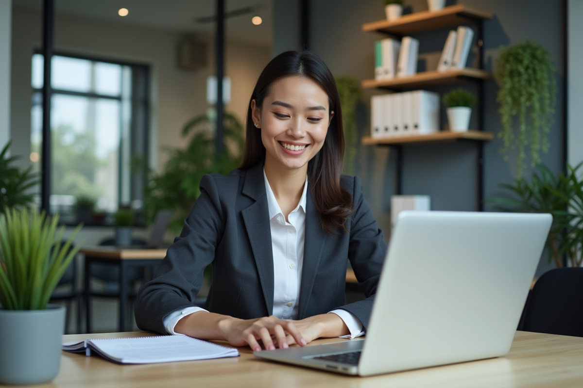 Femme en bureau moderne travaillant sur son ordinateur