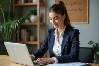 Femme en bureau professionnel avec ordinateur et notes