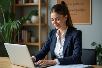 Femme en bureau professionnel avec ordinateur et notes