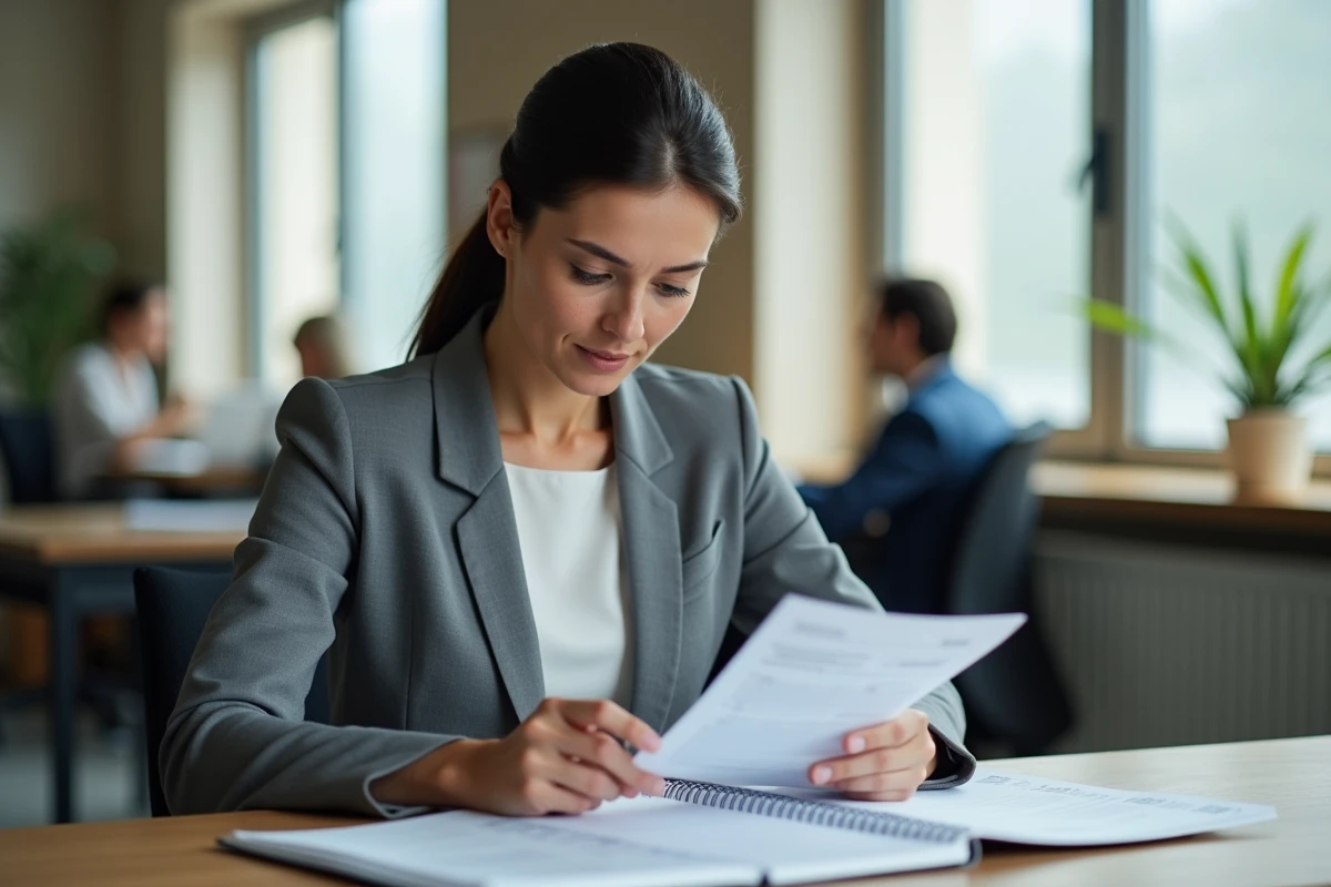 Femme cadre en entreprise consultant ses fiches de paie et un planning horaire pour comprendre le calcul des 151,67 ou 160,33 heures mensuelles