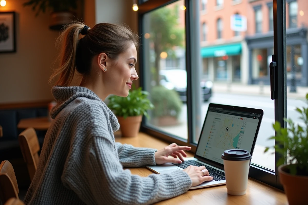 Femme dans un café utilisant un ordinateur portable pour trouver une enseigne Shopping Pass près de chez elle
