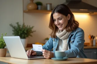 Femme consultant le site CE Loxam sur un ordinateur portable avec sa carte CE à la main pour économiser sur les sorties famille