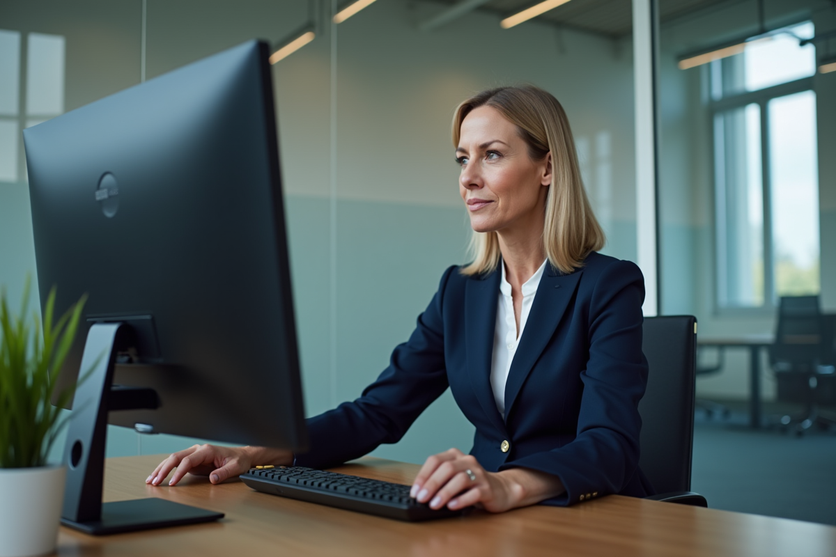 Femme dirigeante analysant des données sur un écran numérique