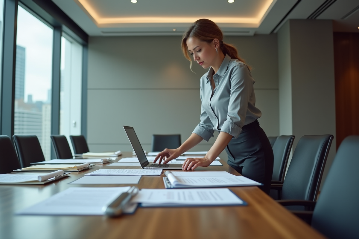 Femme comptable examine un rapport dans une salle de réunion